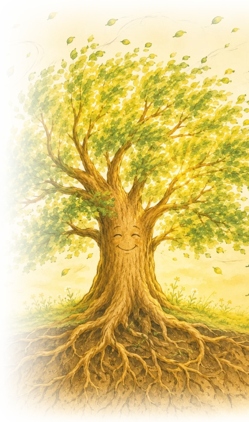 Aquarell-Illustration: Ein großer Baum mit freundlichem Gesicht steht fest im Wind — einzelne Blätter wehen davon, während sich unter der Erde seine kräftigen Wurzeln weit ausbreiten.