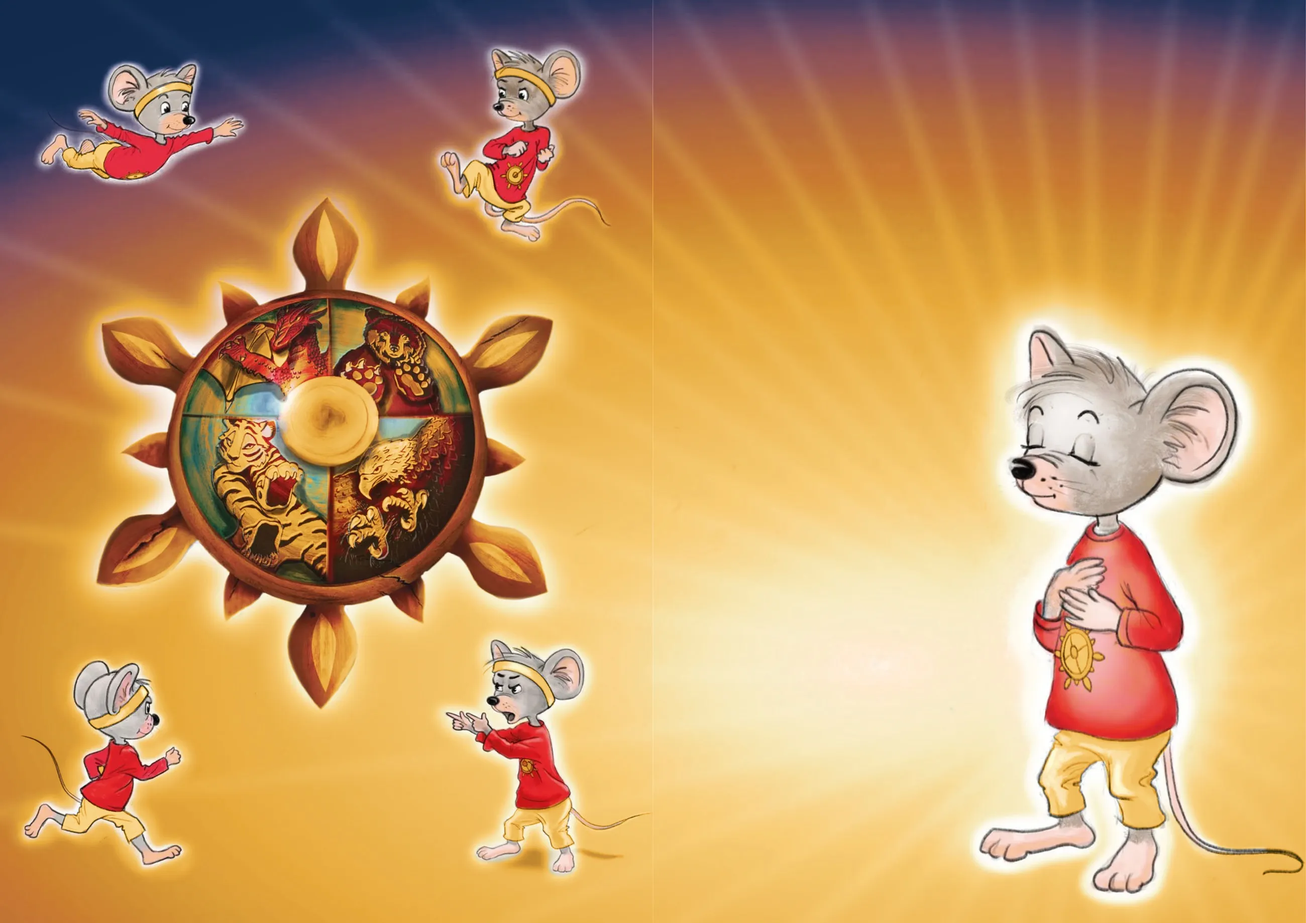 Illustration aus Santinas Kinderbuch: Das Rad des Kung-Fu mit Drache, Bär, Tiger und Adler, umgeben von Mäusen in roten Shirts, die springen, laufen und sich behaupten — rechts eine ruhig strahlende Maus.
