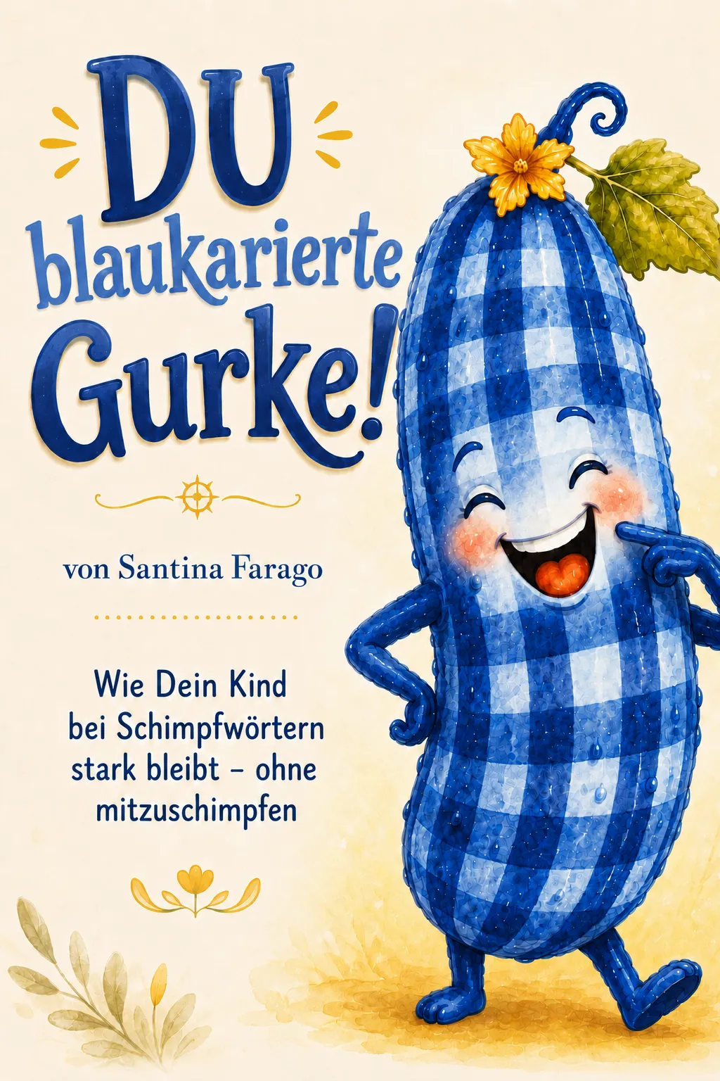 Titelseite des kostenlosen Hefts „DU blaukarierte Gurke!“ von Santina Farago — eine lachende blau-karierte Gurke