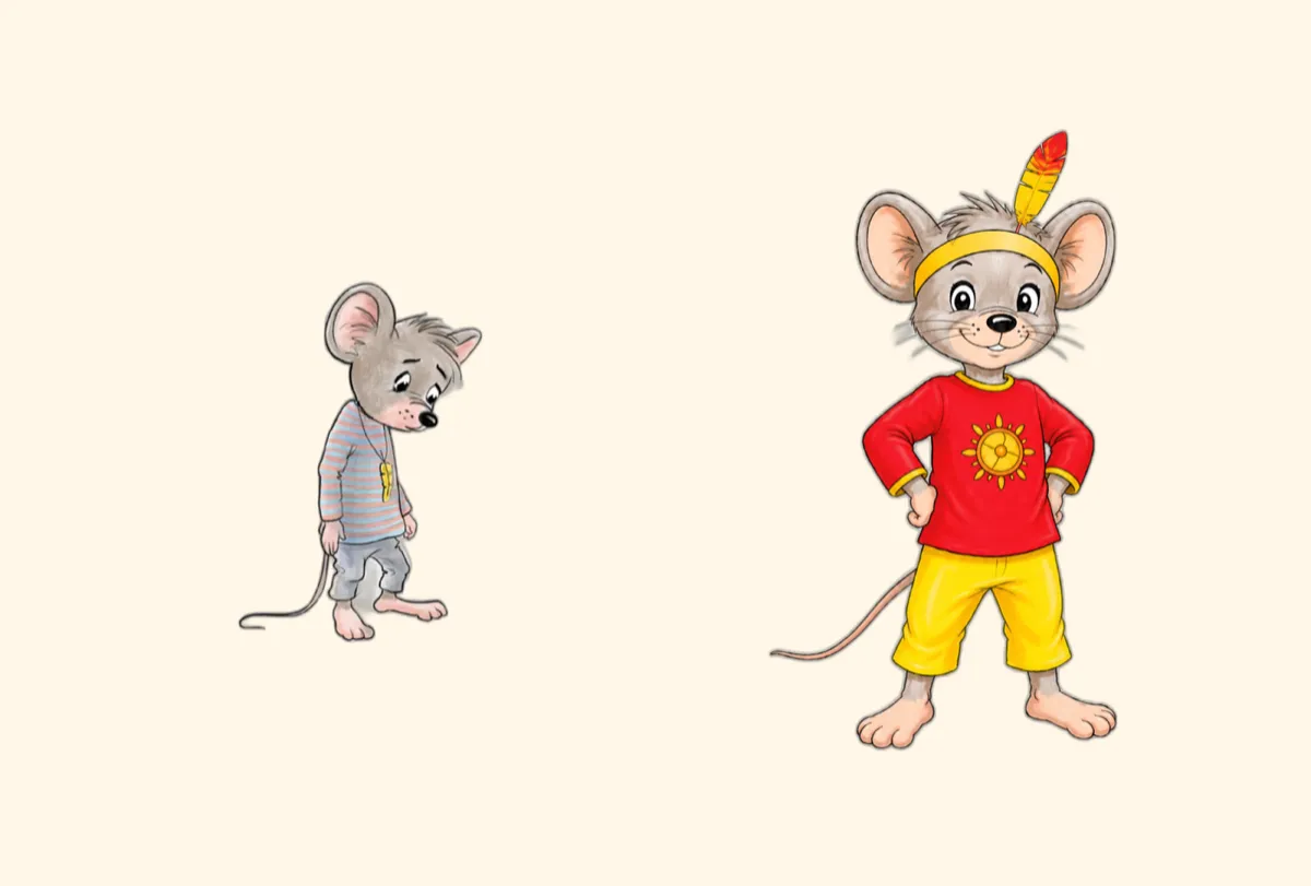 Zwei gezeichnete Mäuse nebeneinander: links die Piepsmaus, klein und geduckt mit Blick zu Boden — rechts die mutige Maus, aufrecht, Hände in den Hüften, Kinn hoch.