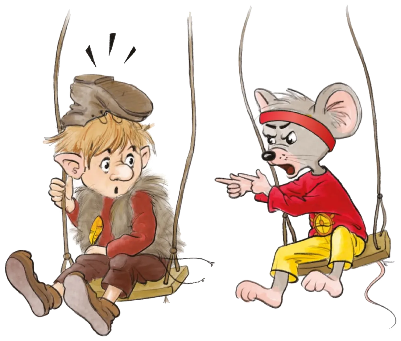 Illustration aus dem Kinderbuch: Die Mutmaus zeigt auf der Schaukel mit dem Finger auf Kobold Stinkstiefel und wehrt sich laut mit Worten — der Kobold erschrickt.