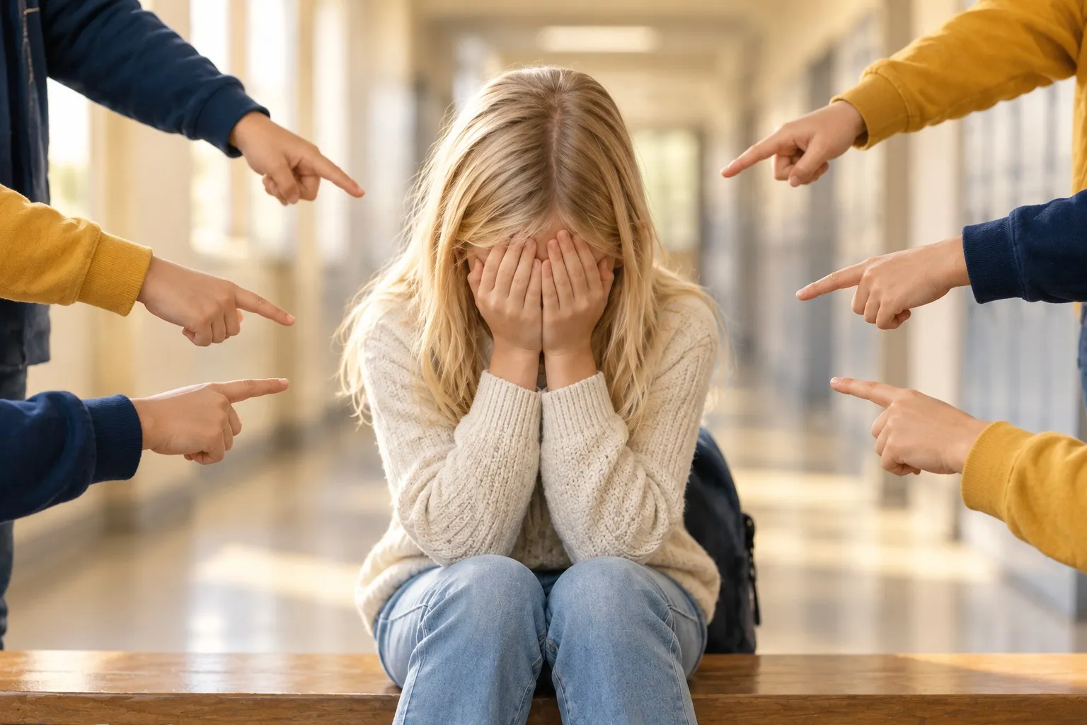 Ein blondes Mädchen sitzt auf einer Bank im Schulflur und verbirgt das Gesicht in den Händen, von beiden Seiten zeigen Kinderhände mit dem Finger auf sie.
