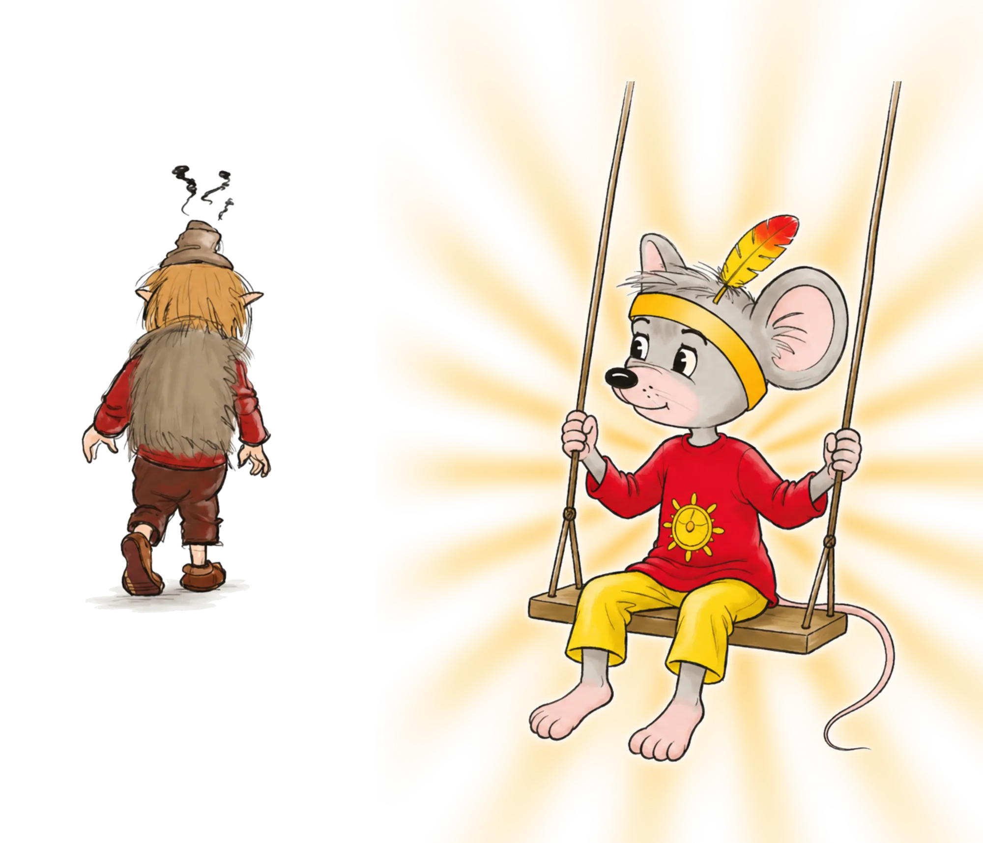 Illustration aus dem Kinderbuch: Kobold Stinkstiefel zieht links mit hängenden Schultern davon, während die Mutmaus rechts entspannt und lächelnd auf der Schaukel sitzt — sie strahlt warm von innen.
