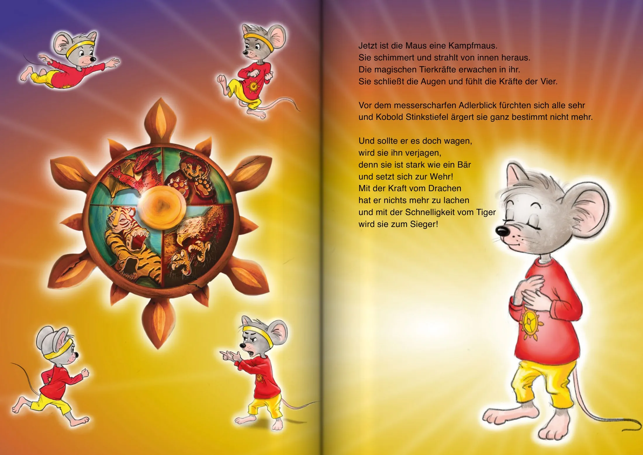 Doppelseite aus dem Buch: Links das Rad des Kung-Fu mit Bär, Tiger, Adler und Drache, umringt von vier kleinen Mäusen in roten Shirts. Rechts steht die Maus ruhig im goldenen Licht, die Hände auf dem Herzen, und strahlt von innen.