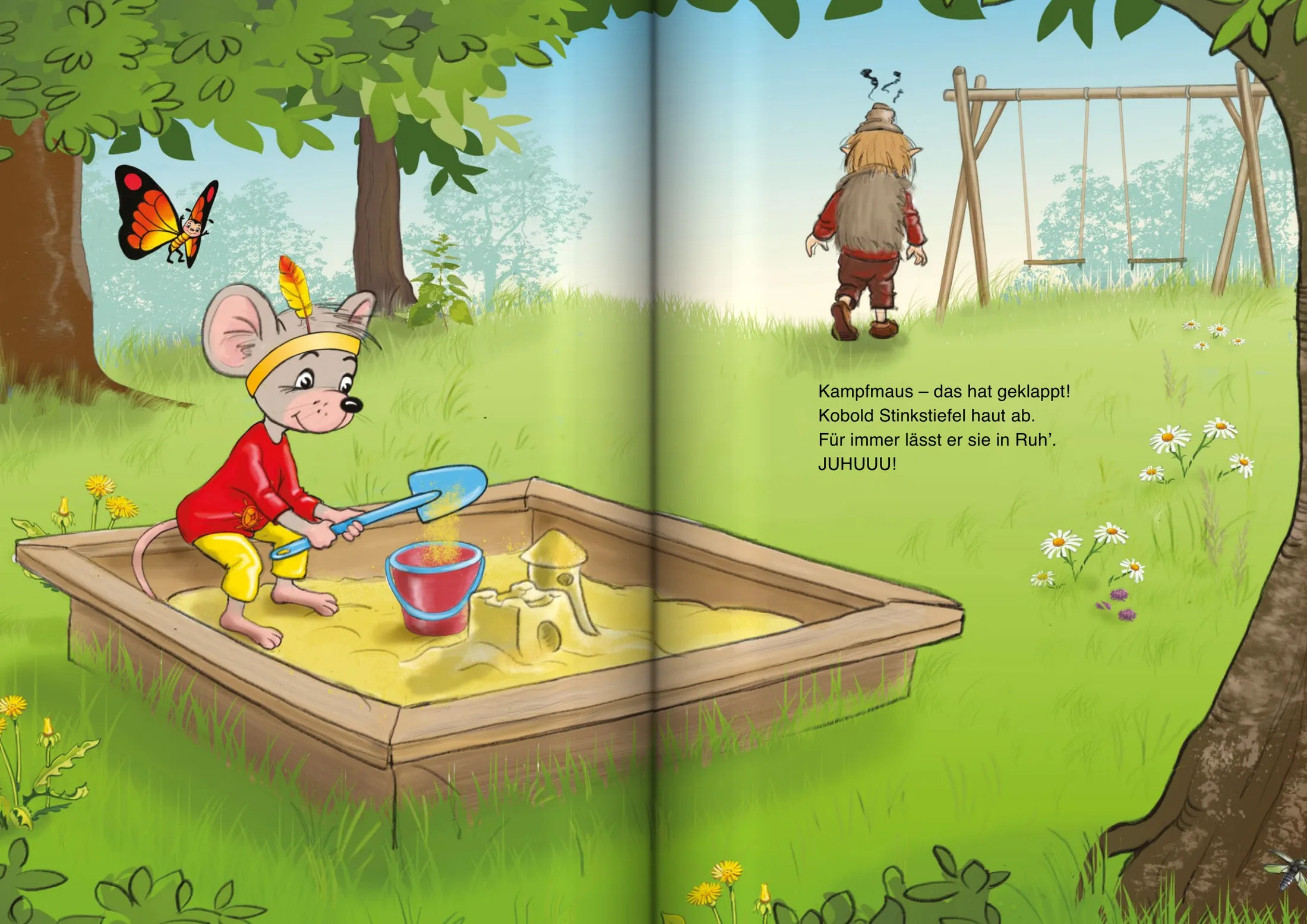 Doppelseite aus dem Buch: Links buddelt die Maus im roten Shirt zufrieden in derselben Sandkiste wie am Anfang. Rechts geht Kobold Stinkstiefel mit hängenden Schultern über die Wiese davon.