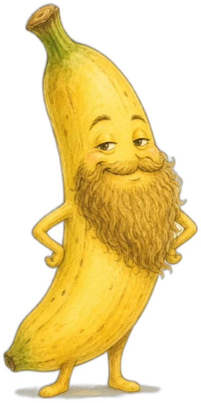 Gezeichnete Banane mit einem buschigen Bart, die vergnügt grinst.
